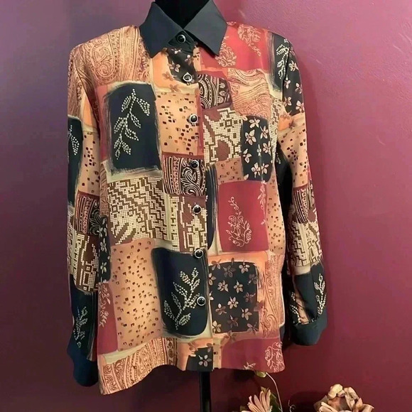 Draper’s & Damon’s Artsy Patchwork Blouse Women’s Petite Large Button Up - Picture 1 of 8